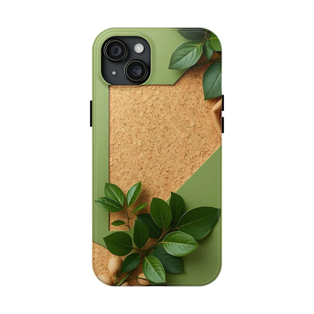 Green eco phone case with cork-like texture and leaf design; camera module with openings