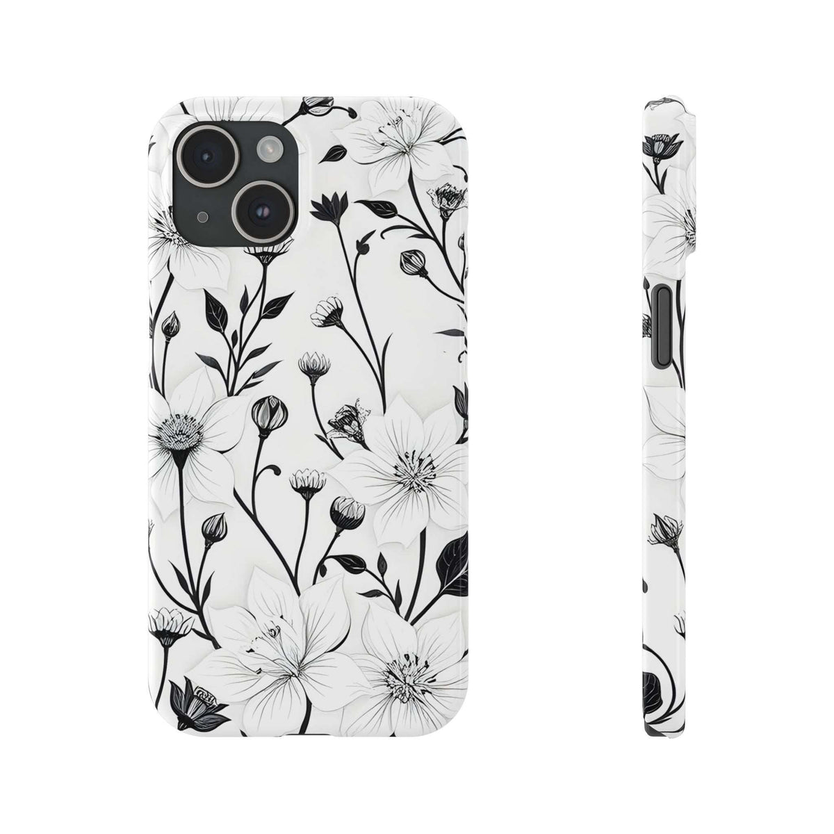 Monochrome floral phone case, white with black flowers; back view with large camera cutouts