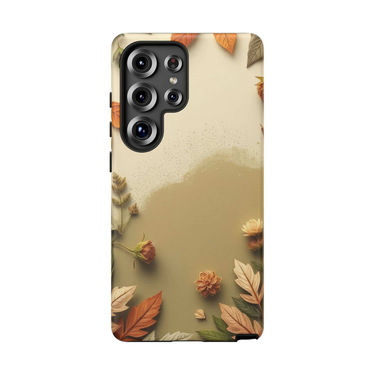 Beige autumn leaves phone case with fall florals, leaves, and soft textured background.