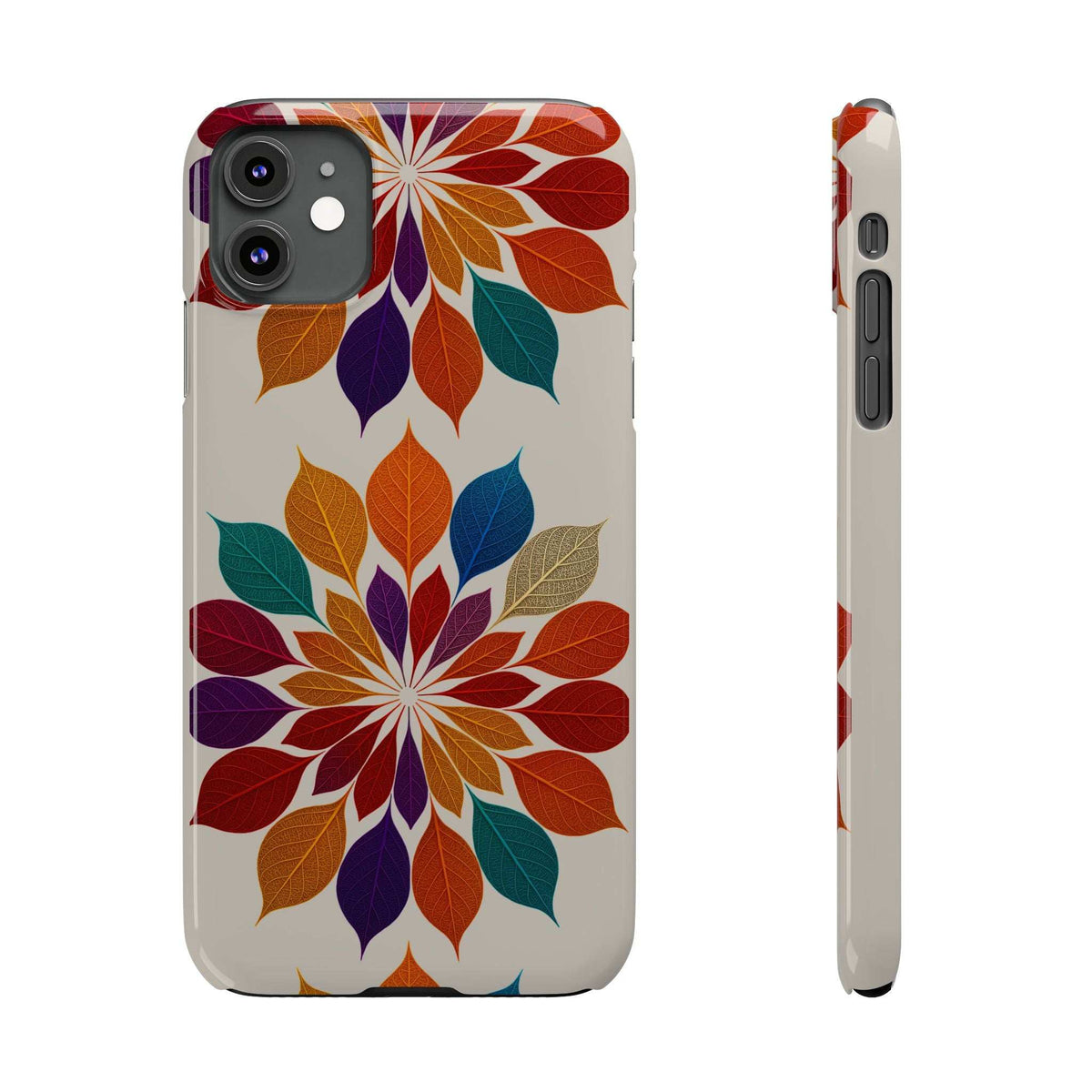 Leaf mandala phone case for iPhone 11-17, front view and side profile with colorful leaf design