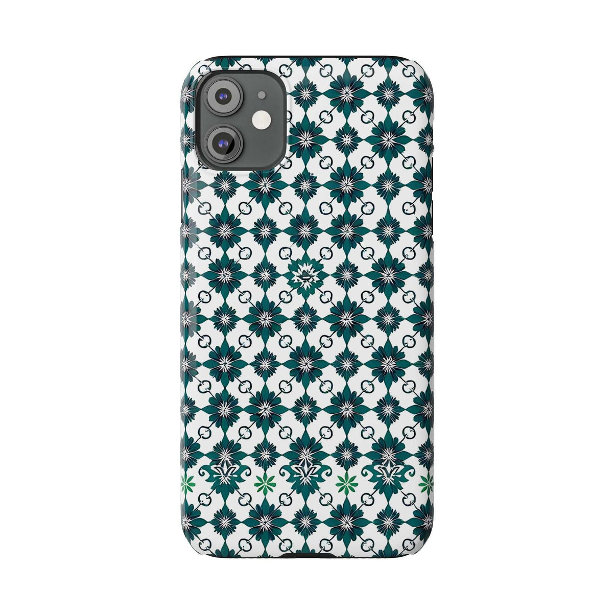 Slim phone case with repeating teal-green geometric floral pattern over white.