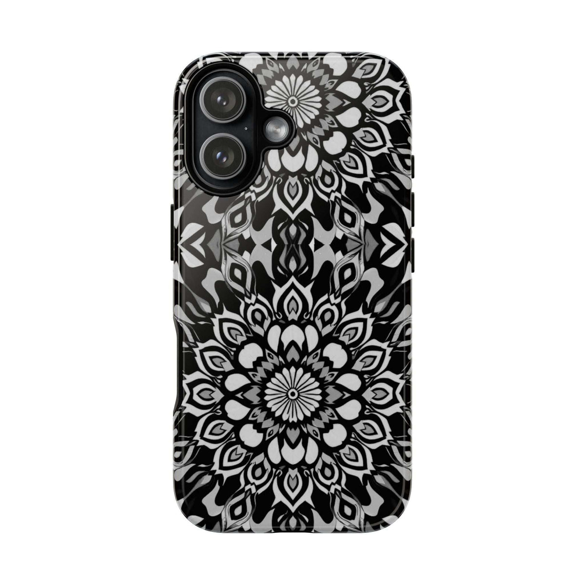 Mandala phone case with black-and-white floral pattern and raised camera cutouts