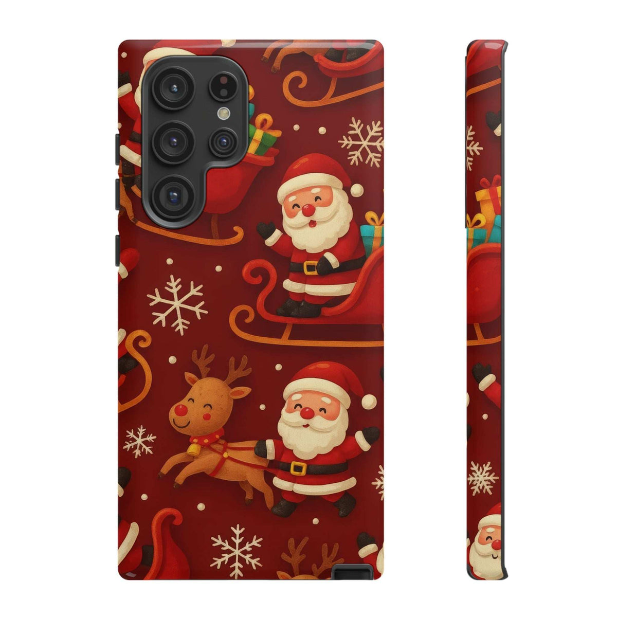 Santa and reindeer sleigh phone case with snowflakes, glossy finish, camera cutout visible