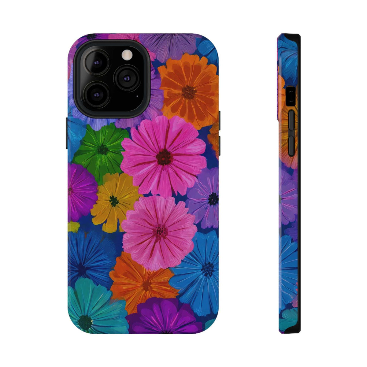 Multicolor floral phone case with black camera cutout, back and side view