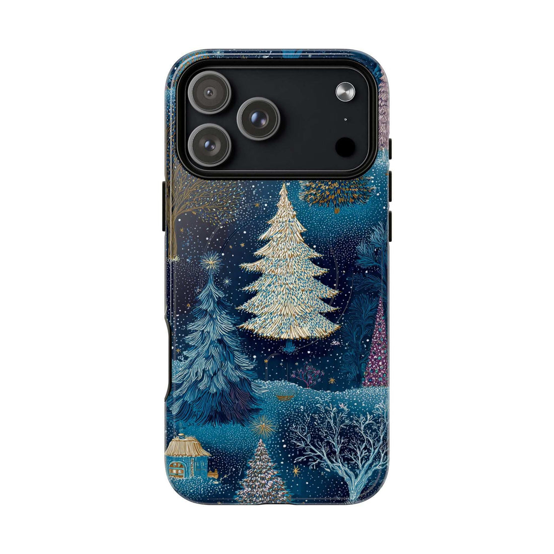 Glossy blue phone case with gold pine tree graphic and camera cutout, side button opening.