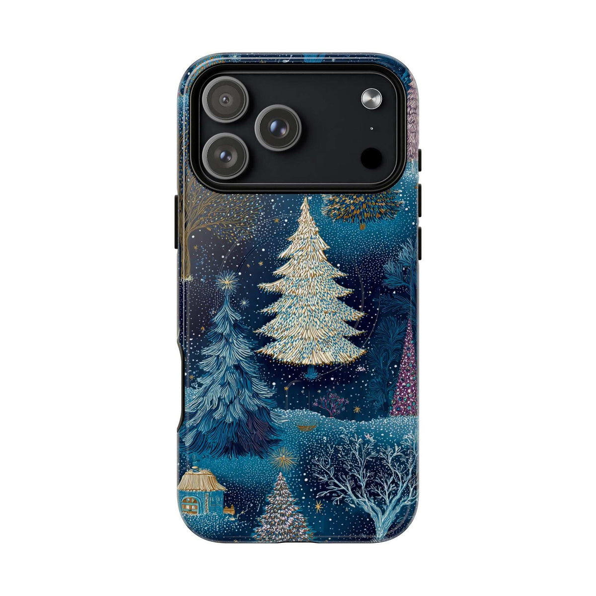 Glossy blue phone case with gold pine tree graphic and camera cutout, side button opening.