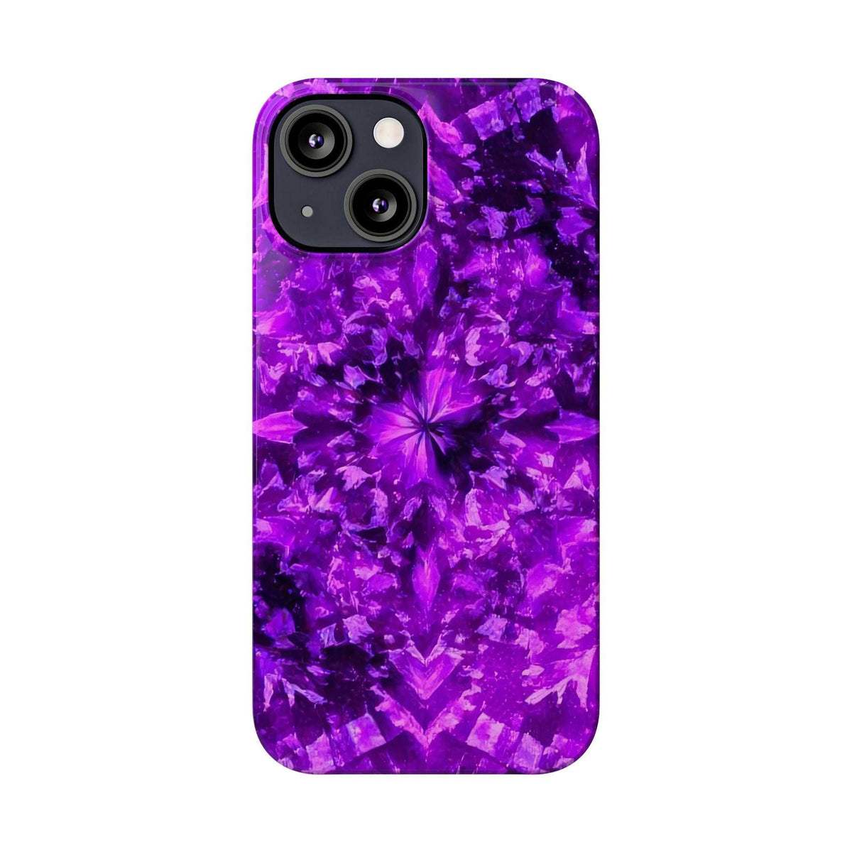 Purple kaleidoscope phone case with flowerburst pattern and camera cutouts