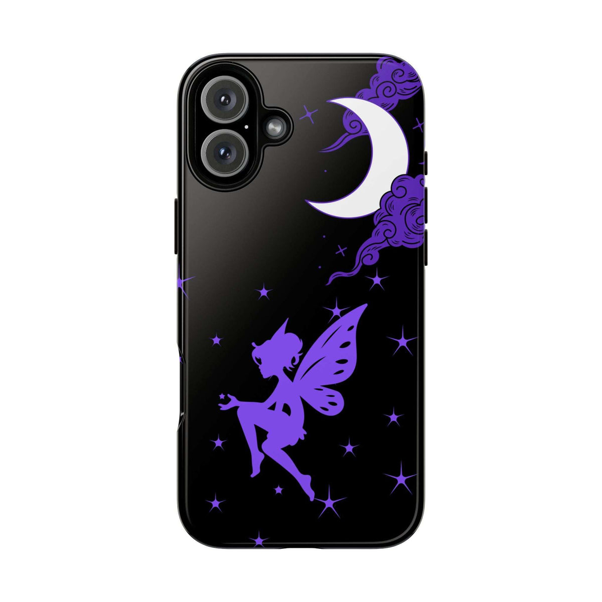 Black phone case with purple fairy and crescent moon with stars; slim back with camera cutouts.