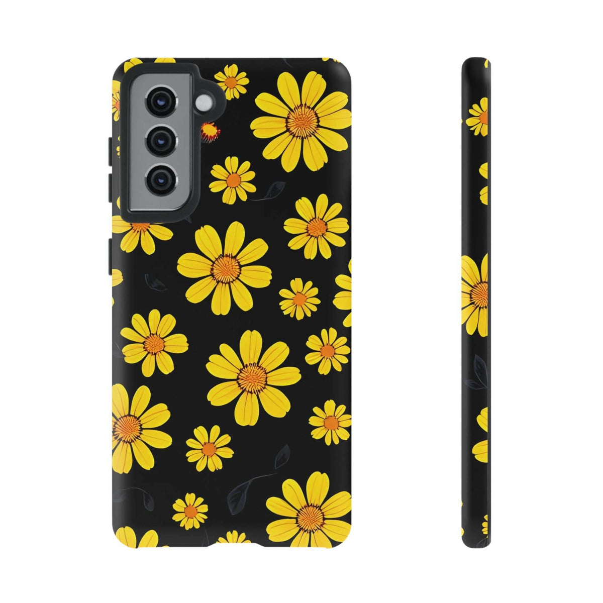 Black phone case with yellow daisy floral pattern, back view and side profile