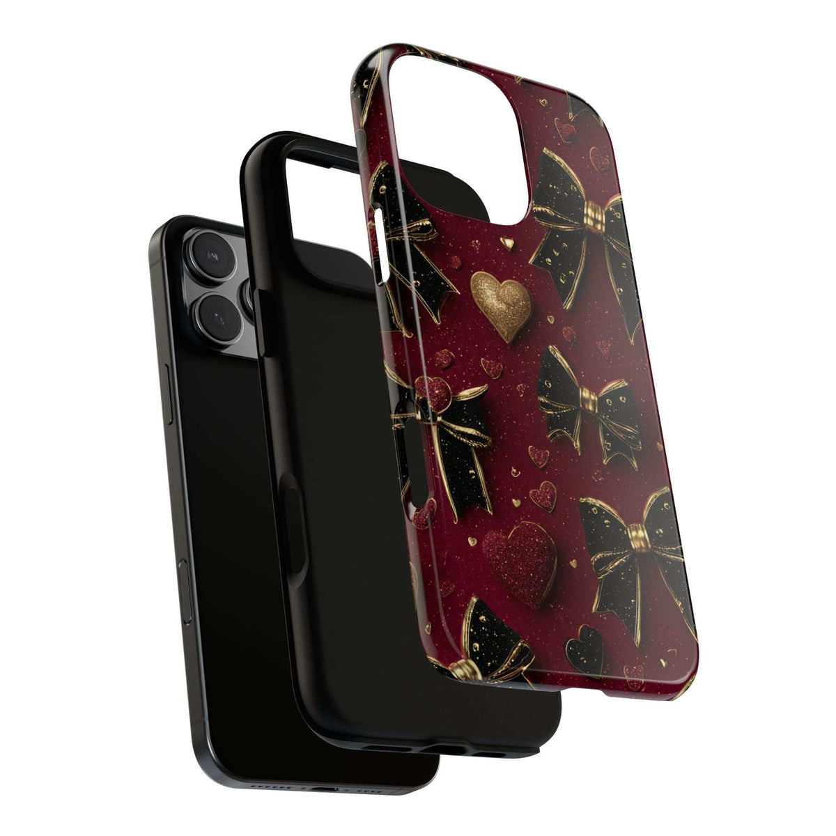 Glossy burgundy phone case with gold heart and bow pattern, button-side cutout