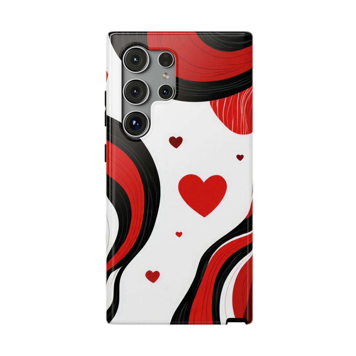 Glossy phone case with white base, red hearts, and red/black swirl pattern with multi-lens camera