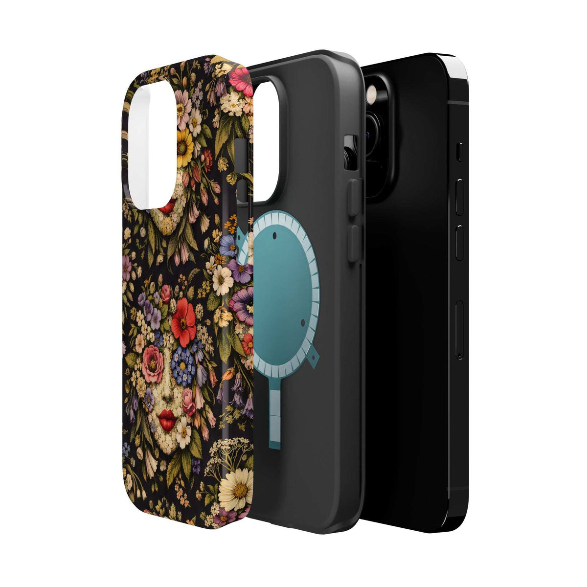 Floral vintage face phone case from side; visible volume and power button cutouts.