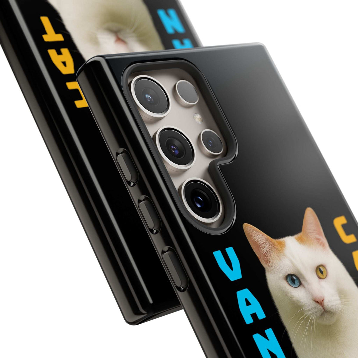 Black phone case close-up with camera lens cutouts and cream cat graphic