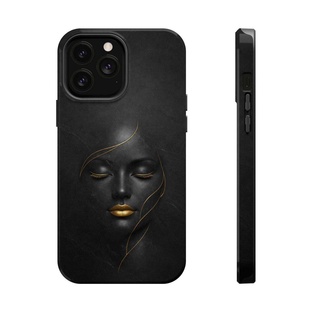 Black iPhone phone case with gold face design and camera cutout openings
