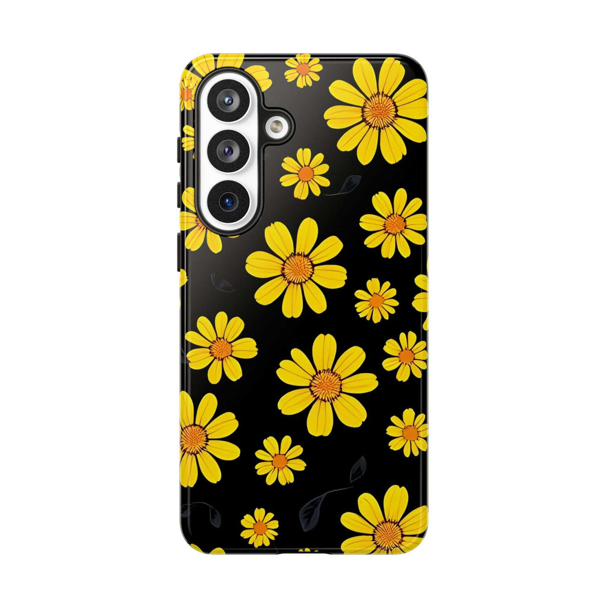 Black phone case with yellow daisy floral design and camera lens openings
