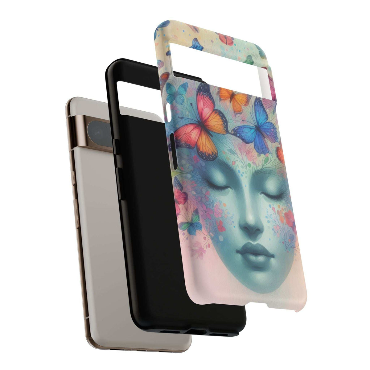 Phone case with multicolor butterfly portrait artwork, stacked view highlighting raised camera edges.
