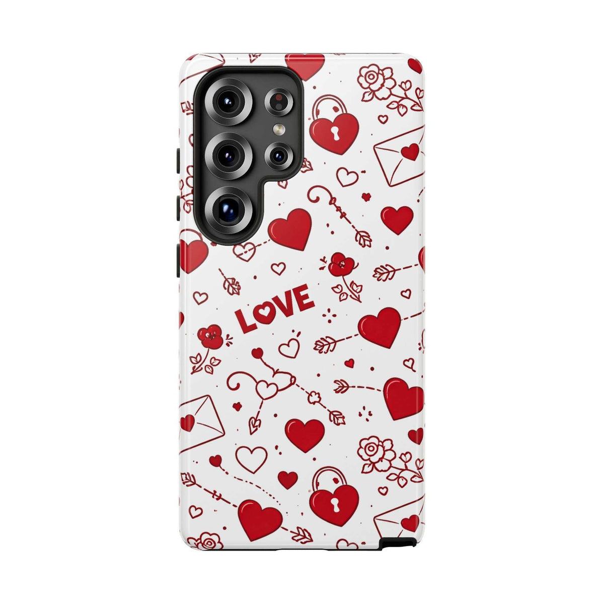 Glossy white phone case with red hearts and love doodle print; front camera lens cutouts