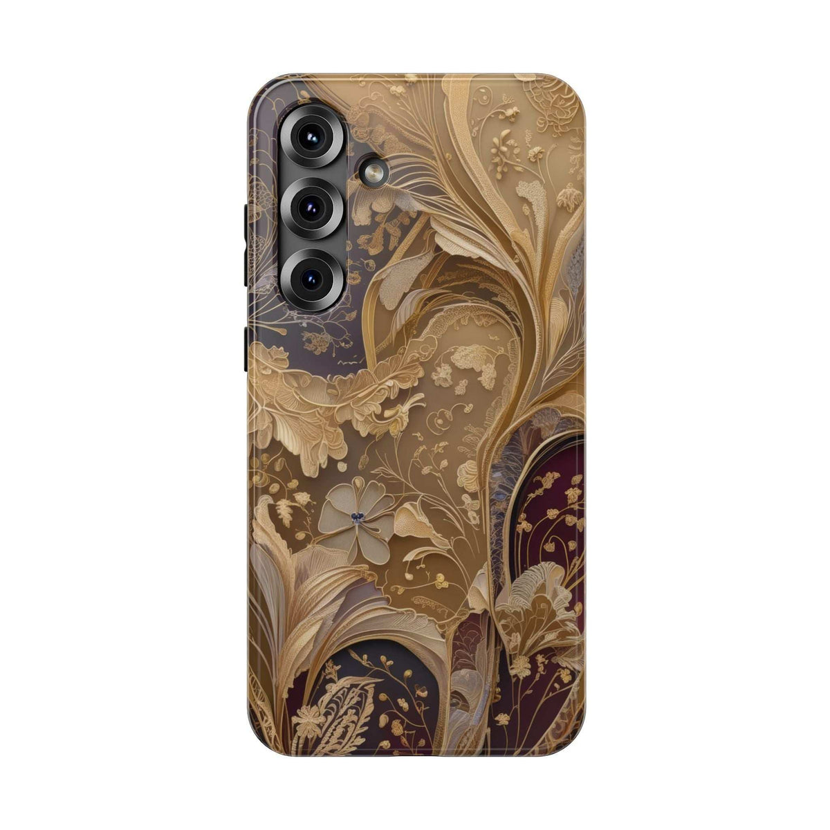 Brown botanical phone case with gold floral artwork and visible side buttons