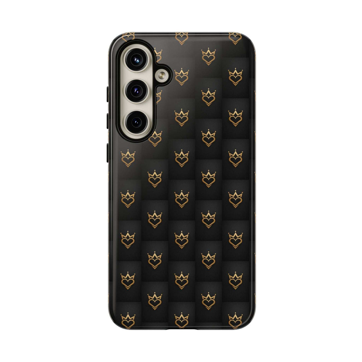 Glossy black phone case with crowned heart doodle pattern, camera module with triple lens