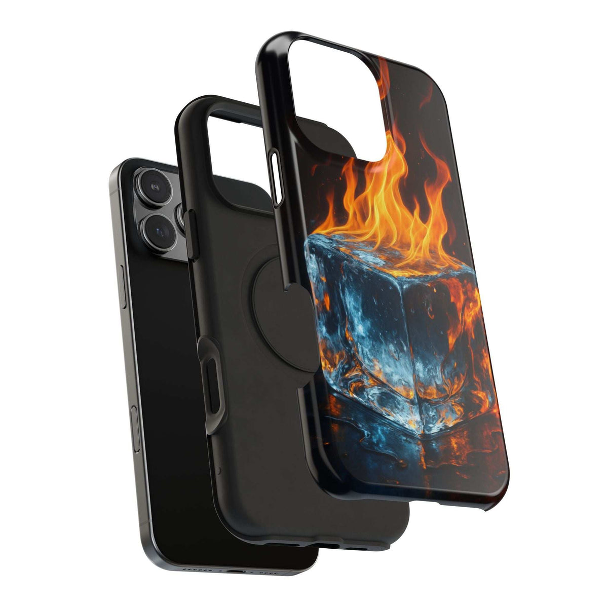 Flame and ice phone case with black protective edges and orange flame graphic on the back