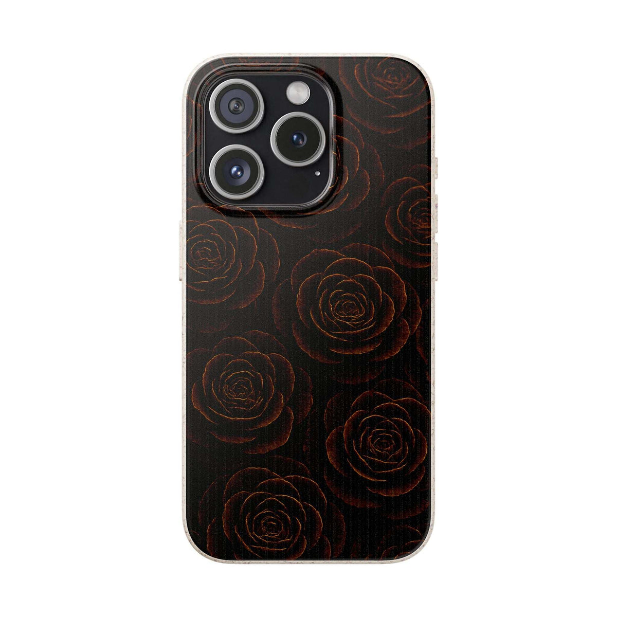 Wooden rose-pattern phone case, dark floral wrap with raised camera area and cutouts