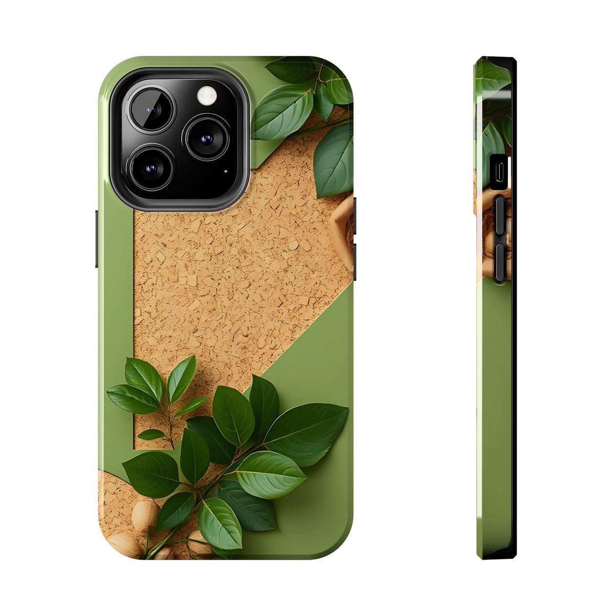Green eco phone case with cork-like texture and leaf pattern; triple camera cutout shown