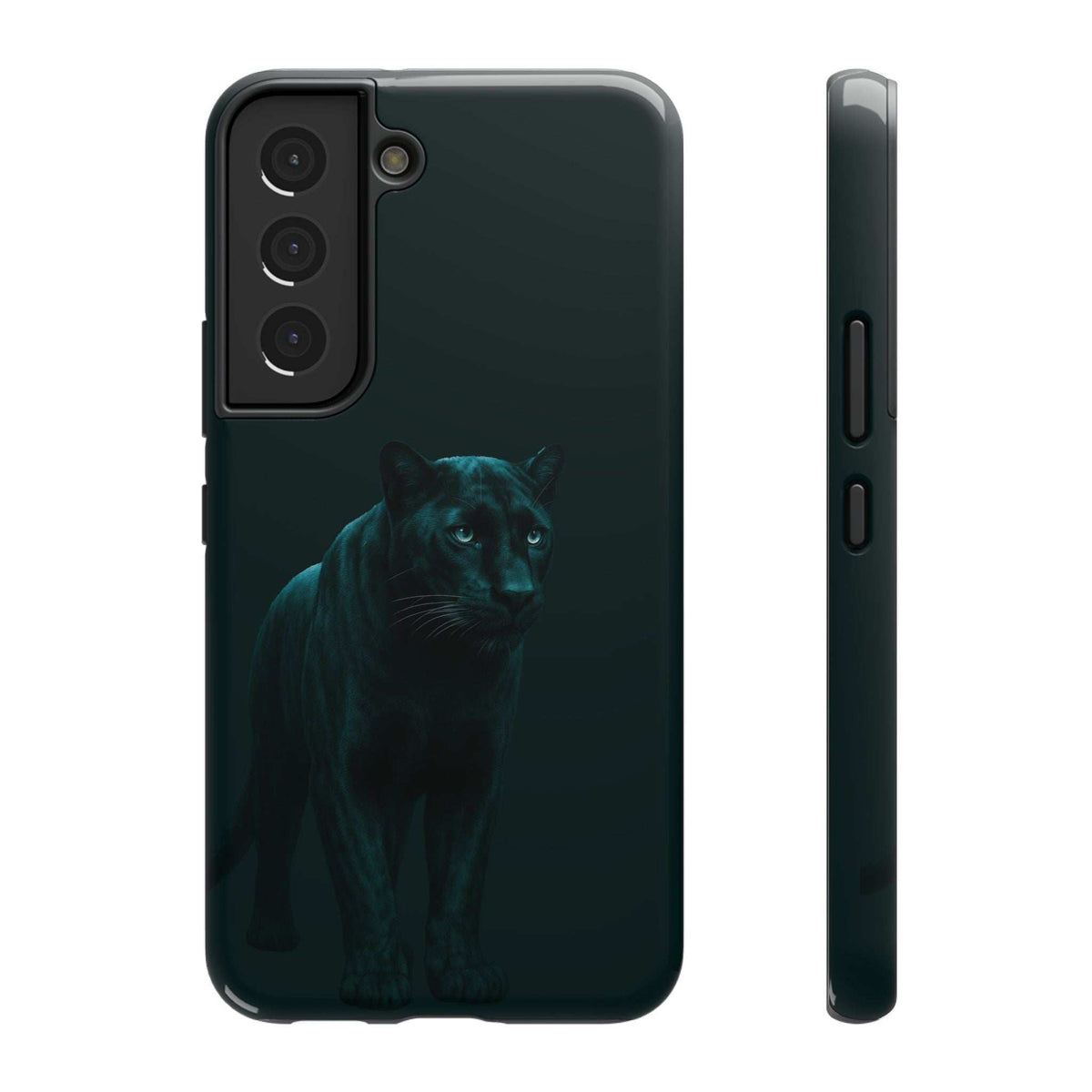 Dark teal phone case with teal panther graphic, back view with camera cutout and side openings