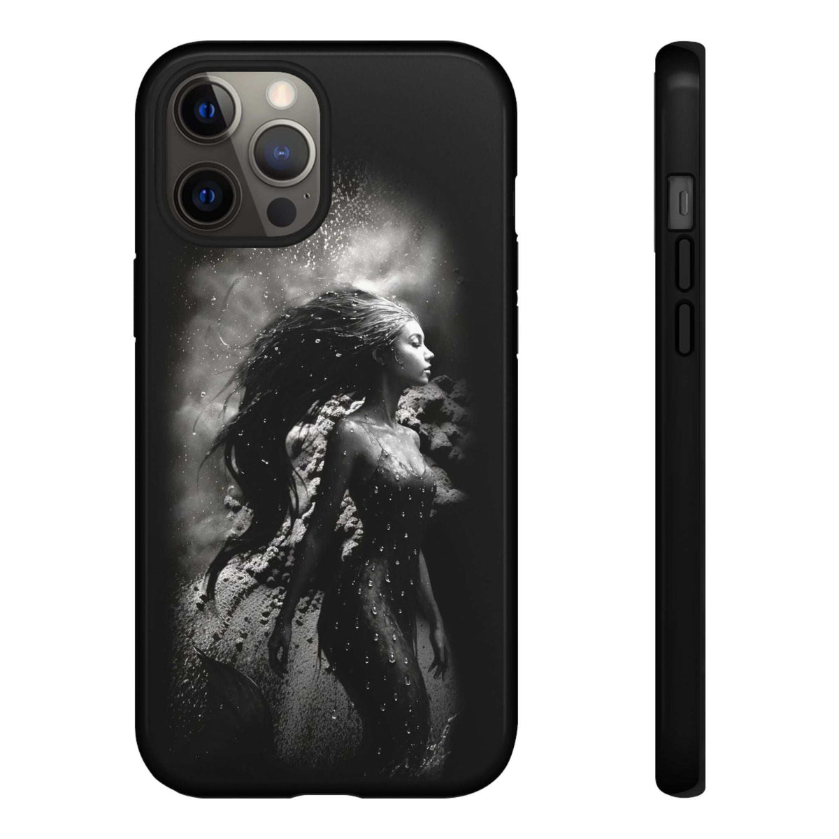 Black phone case with grayscale mermaid portrait and multi-camera opening, side edge view.