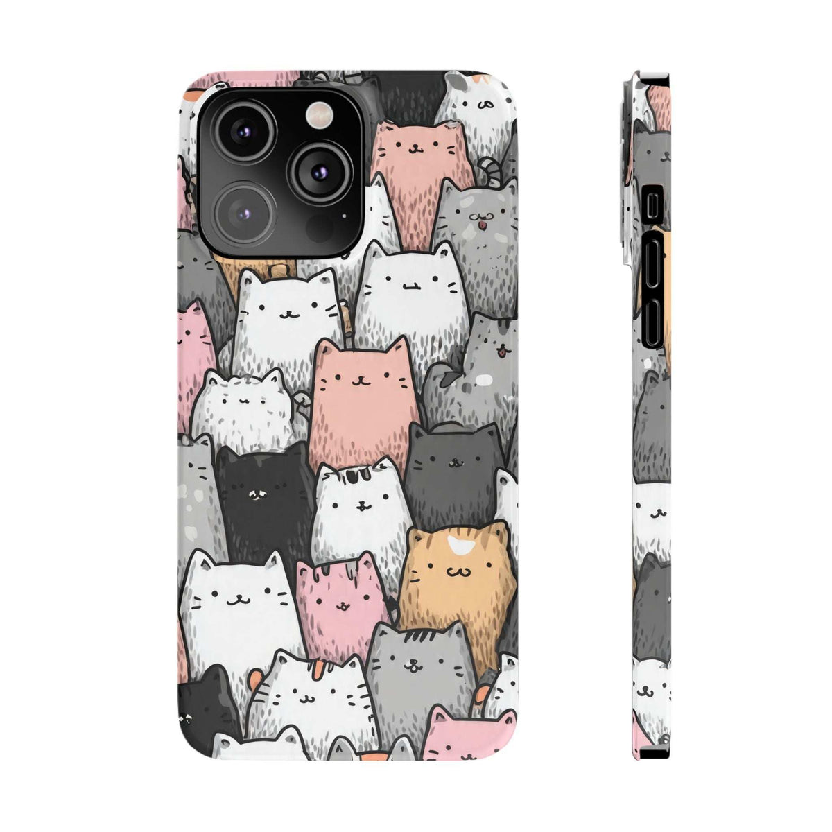 Cat iPhone phone case with vertical side design, showing cat faces in white, gray, pink, orange.