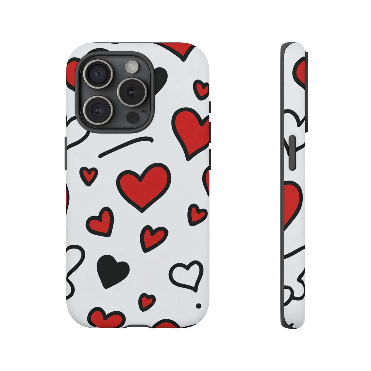 White phone case with scattered hearts in red and black; multi-camera cutouts on top-left.