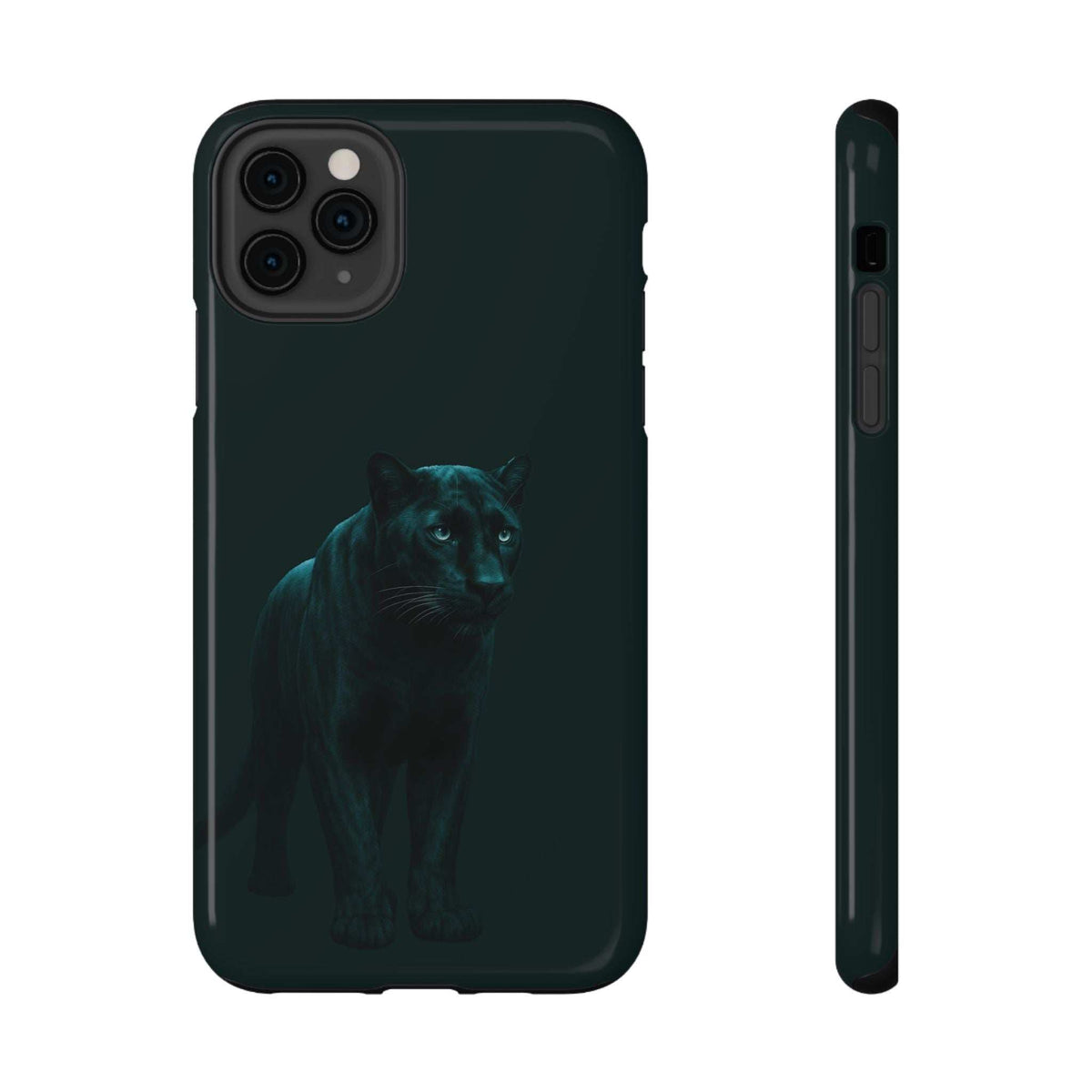 Phone case with dark teal panther graphic, camera cutouts, and side buttons; glossy finish