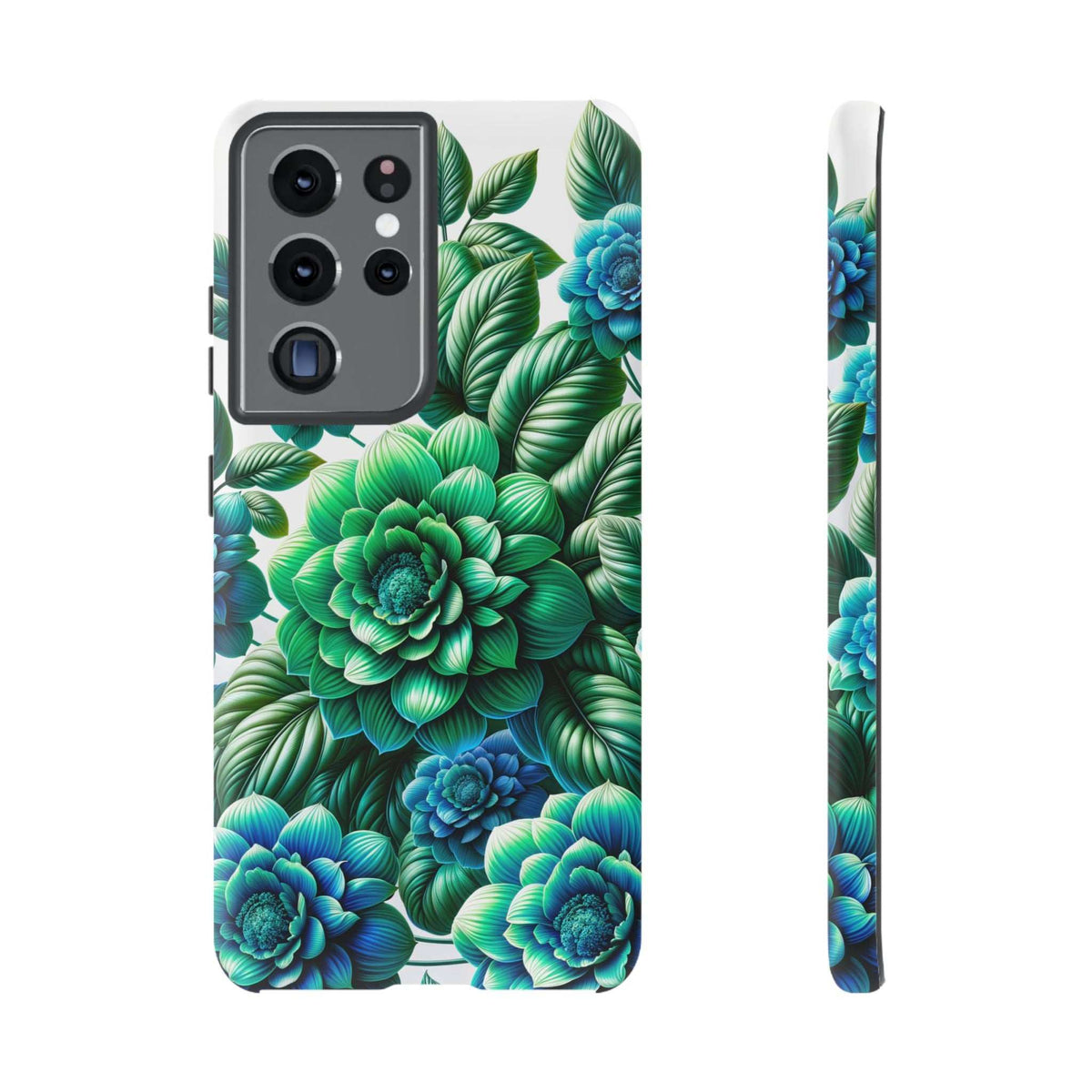 Green and blue floral phone case with tropical flowers and leaves, back and slim side