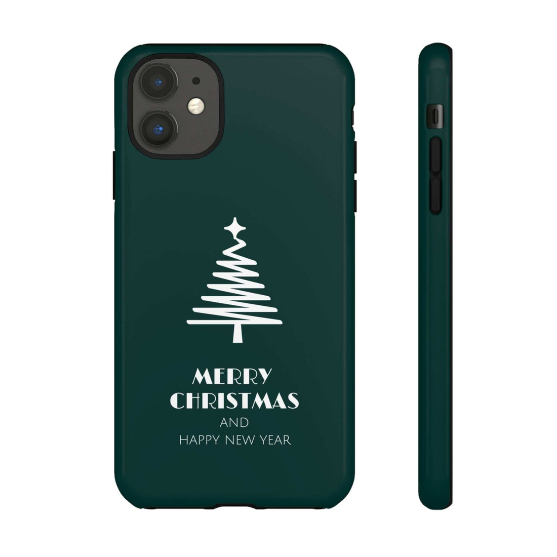 Glossy green Christmas phone case with white tree and 'Merry Christmas' text