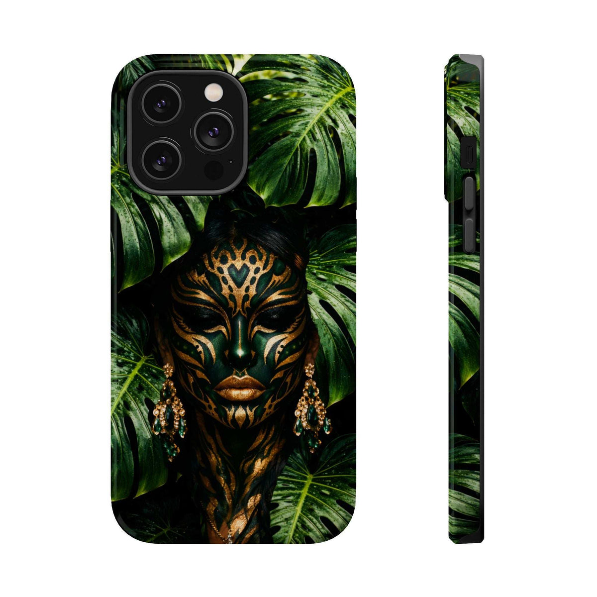 Jungle mask phone case with green foliage design, shown front and side profile