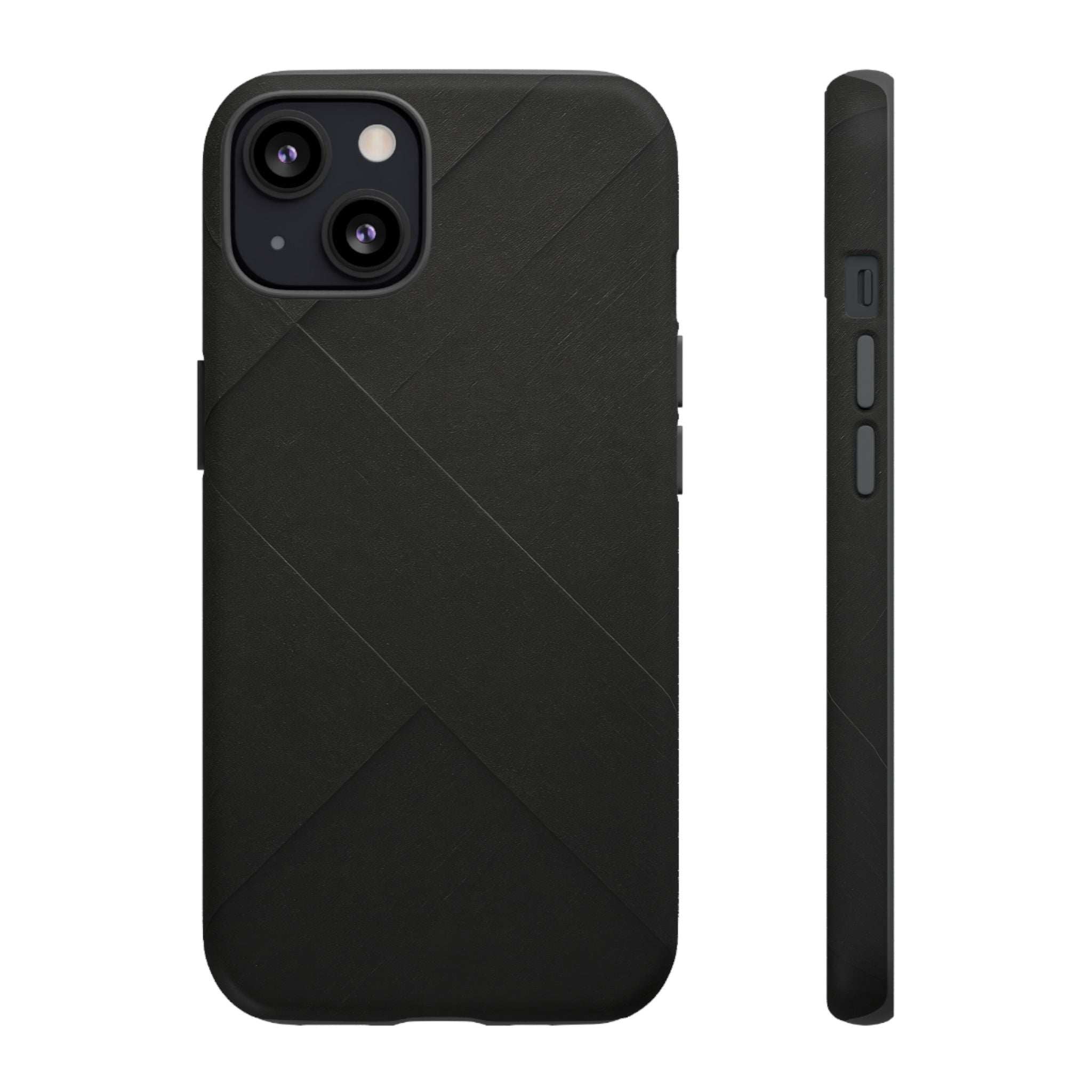 Matte black phone case with diagonal line pattern; raised camera bump and cutouts.