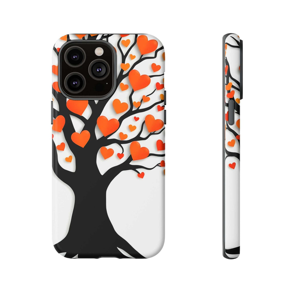Phone case with heart tree design and floating hearts, orange and red, front and side