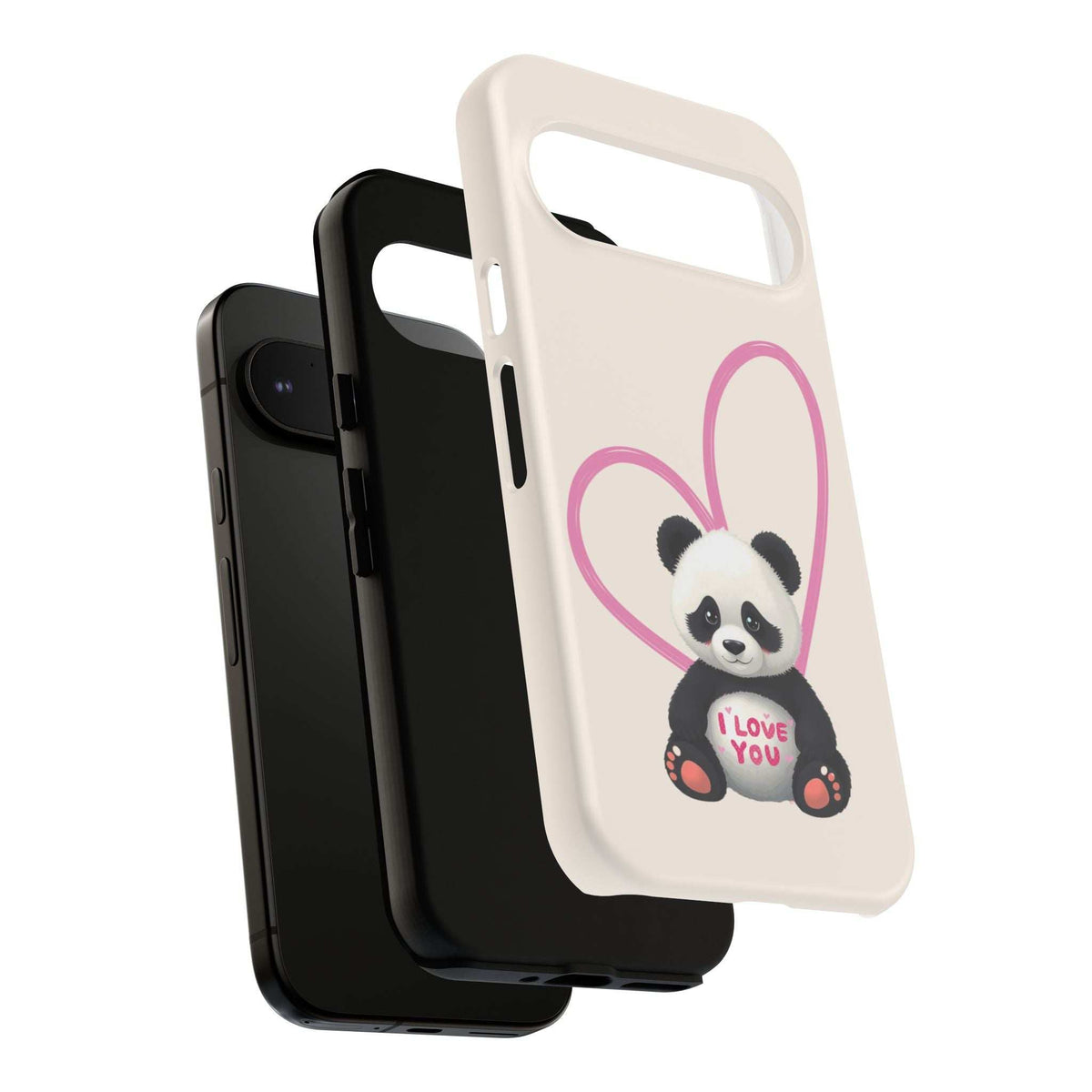 Cream phone case featuring cute panda with pink heart outline and “I love you” badge