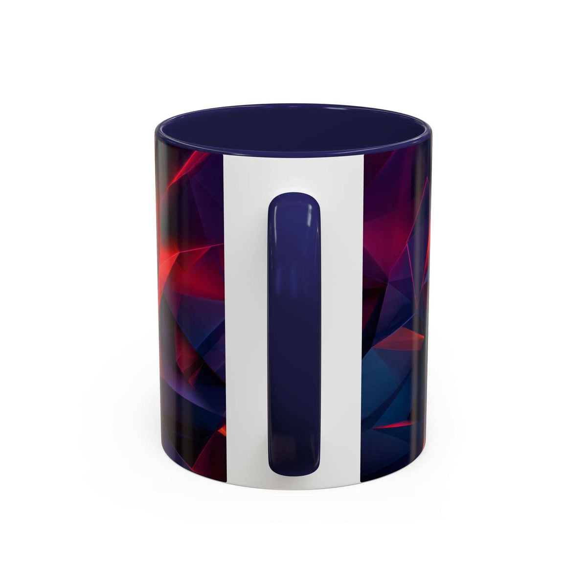 Ceramic accent mug with dark blue vertical stripe and faceted red/purple/blue pattern