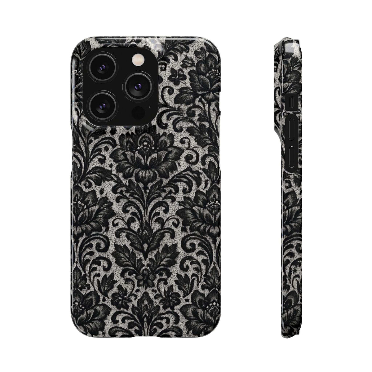 Black damask floral phone case with multiple camera lens cutouts and textured pattern
