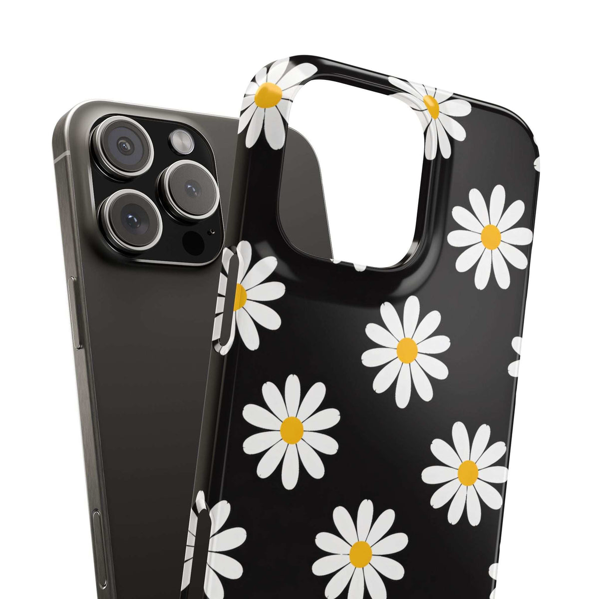 Daisy charm phone case with black cover and white daisies with yellow centers, camera cutout.