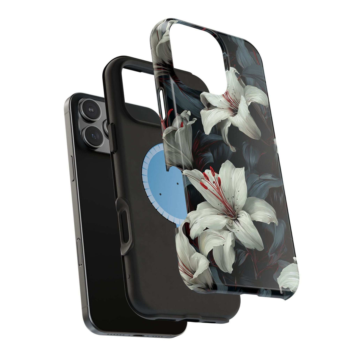 Floral phone case with white lily blossoms, dark background, raised camera cutouts