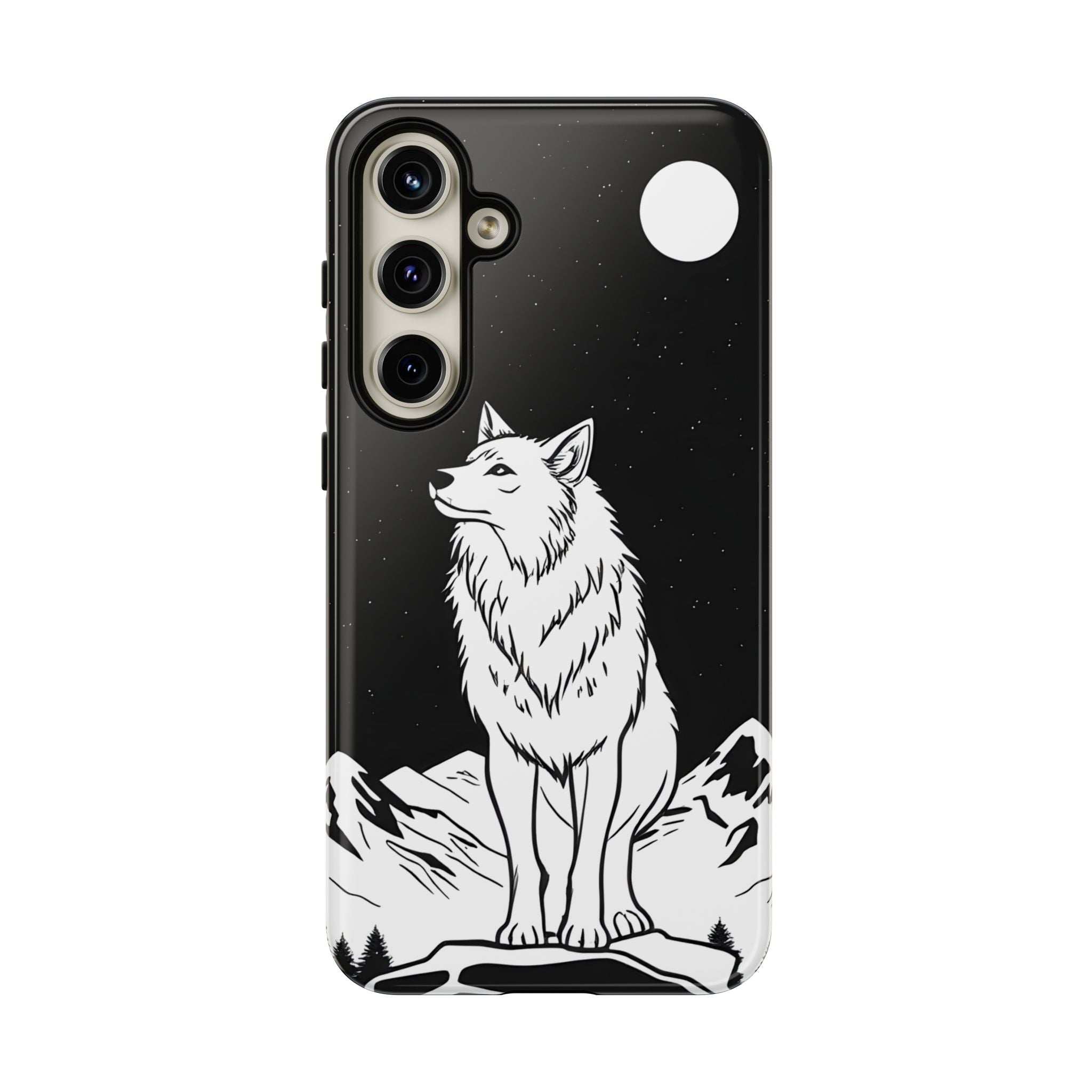 Black phone case with standing wolf graphic, raised camera protection, and top dot