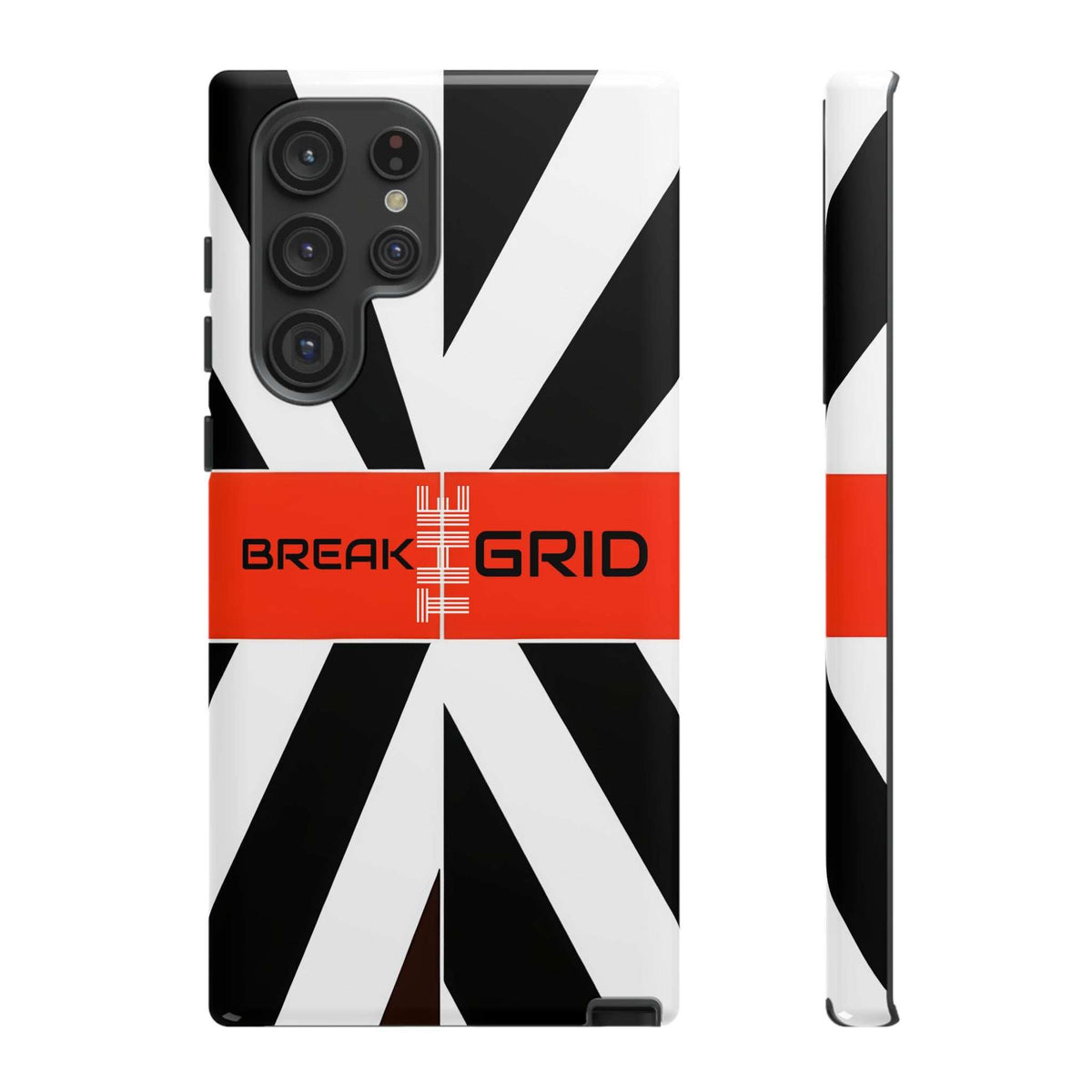 Phone case with black-and-white geometric stripes, red "Break Grid" band, front and side view.