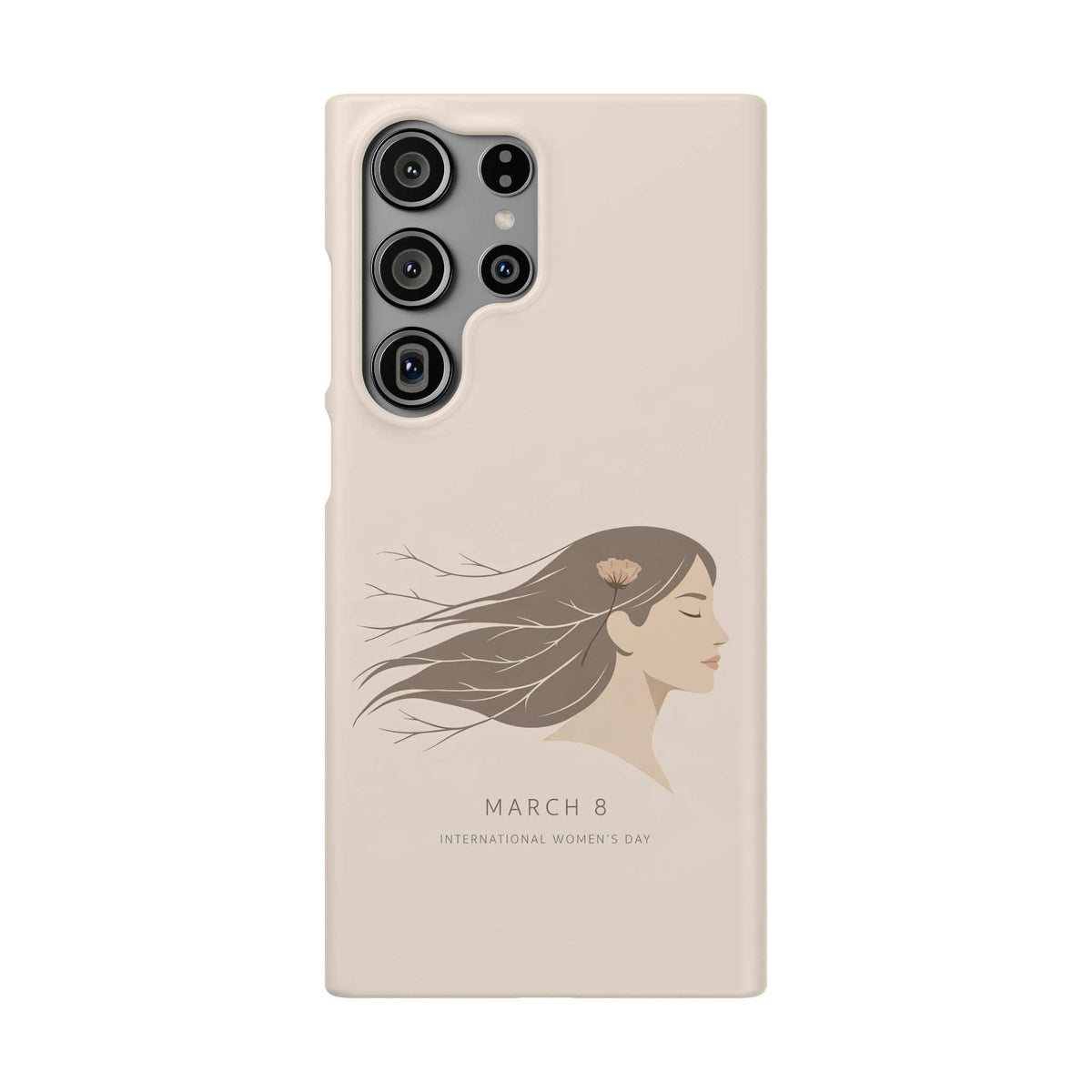 Beige phone case with woman profile art and March 8 text, showing multiple camera cutouts