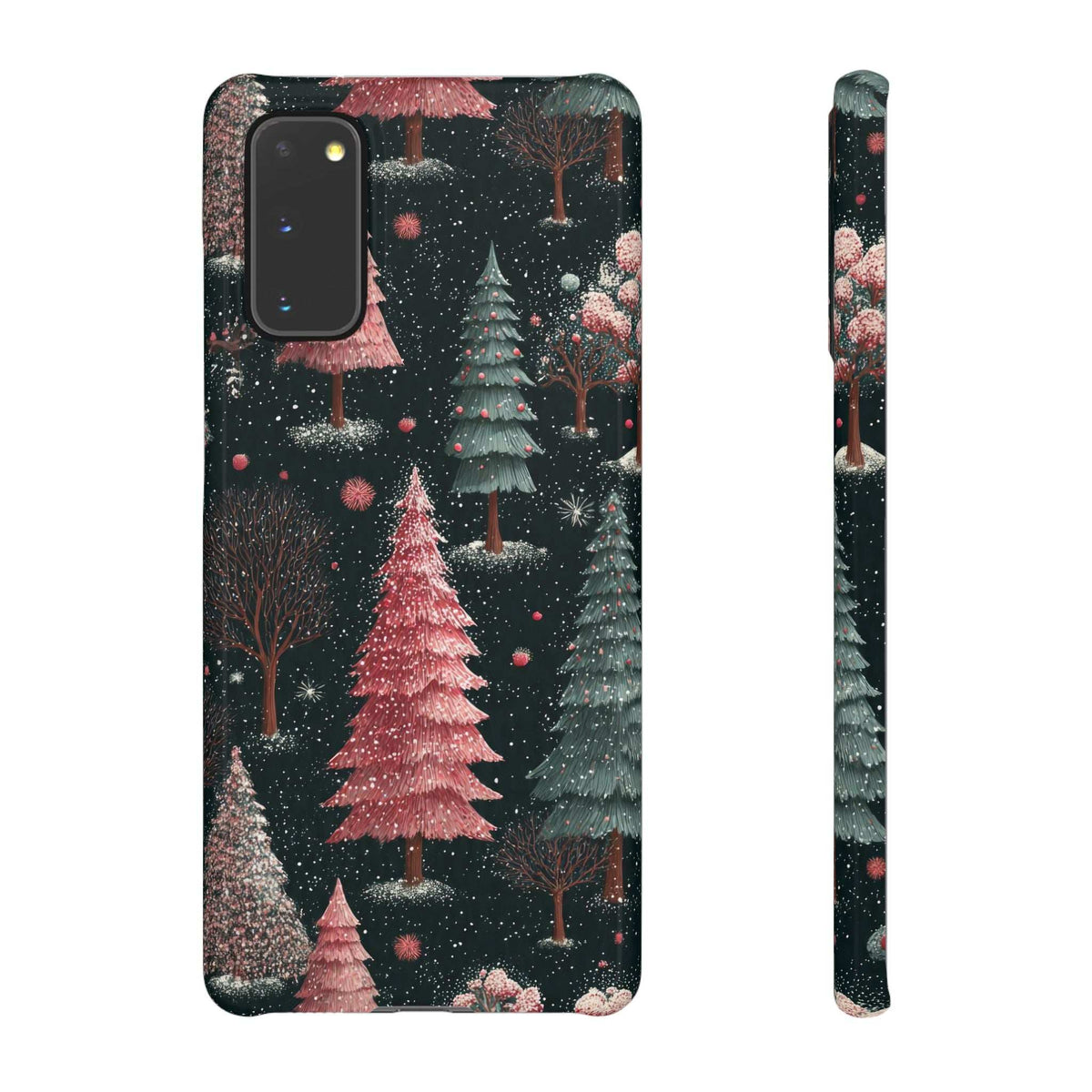 Winter forest phone case back with glittery pink tree and snowy details; side edge view.