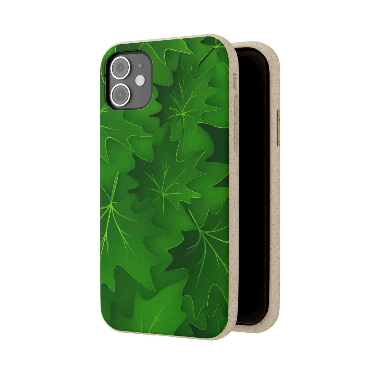 Green leaf phone case with beige speckled back and open inner frame