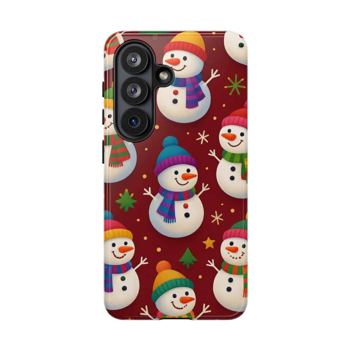 KARARMDESIGN glossy festive snowmen phone case with snowmen, reindeer-style hats, and stars