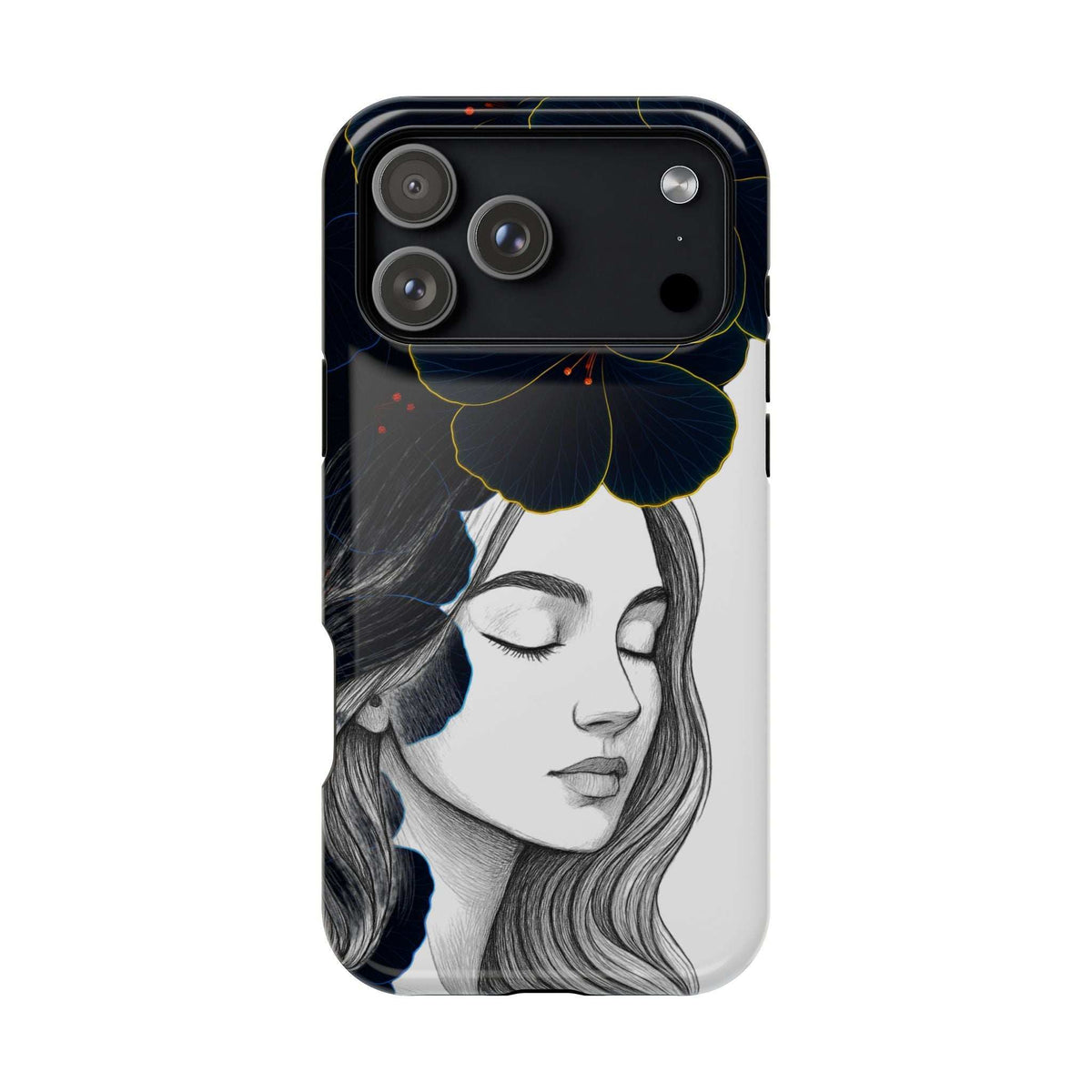Phone case with grayscale woman artwork, blue blossoms, and camera lens openings