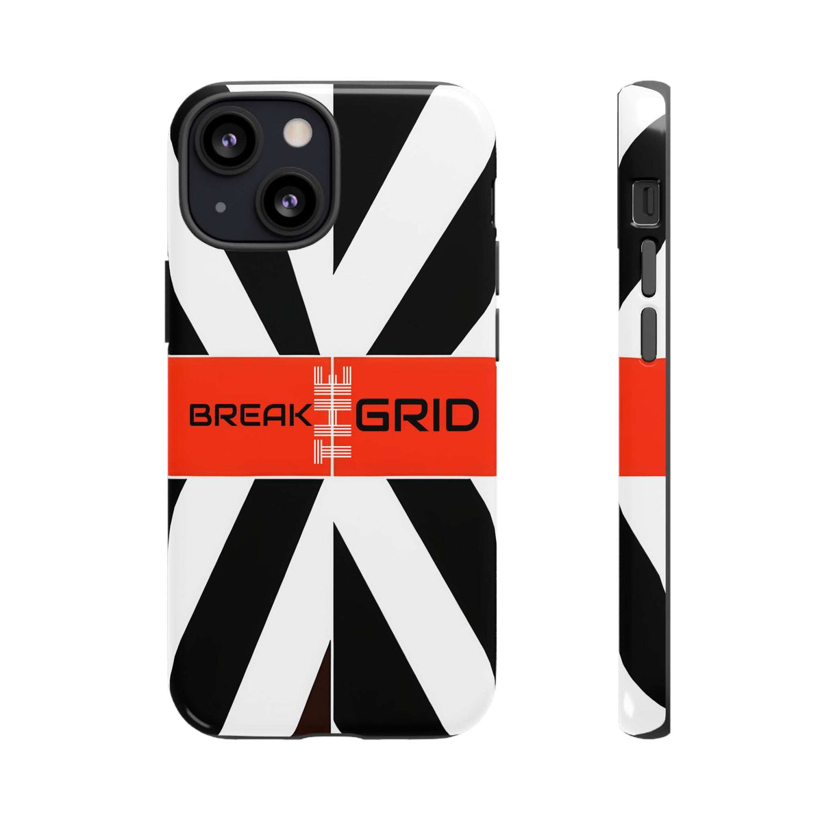 Phone case with black-and-white geometric stripes, red "Break Grid" band, front and side view.