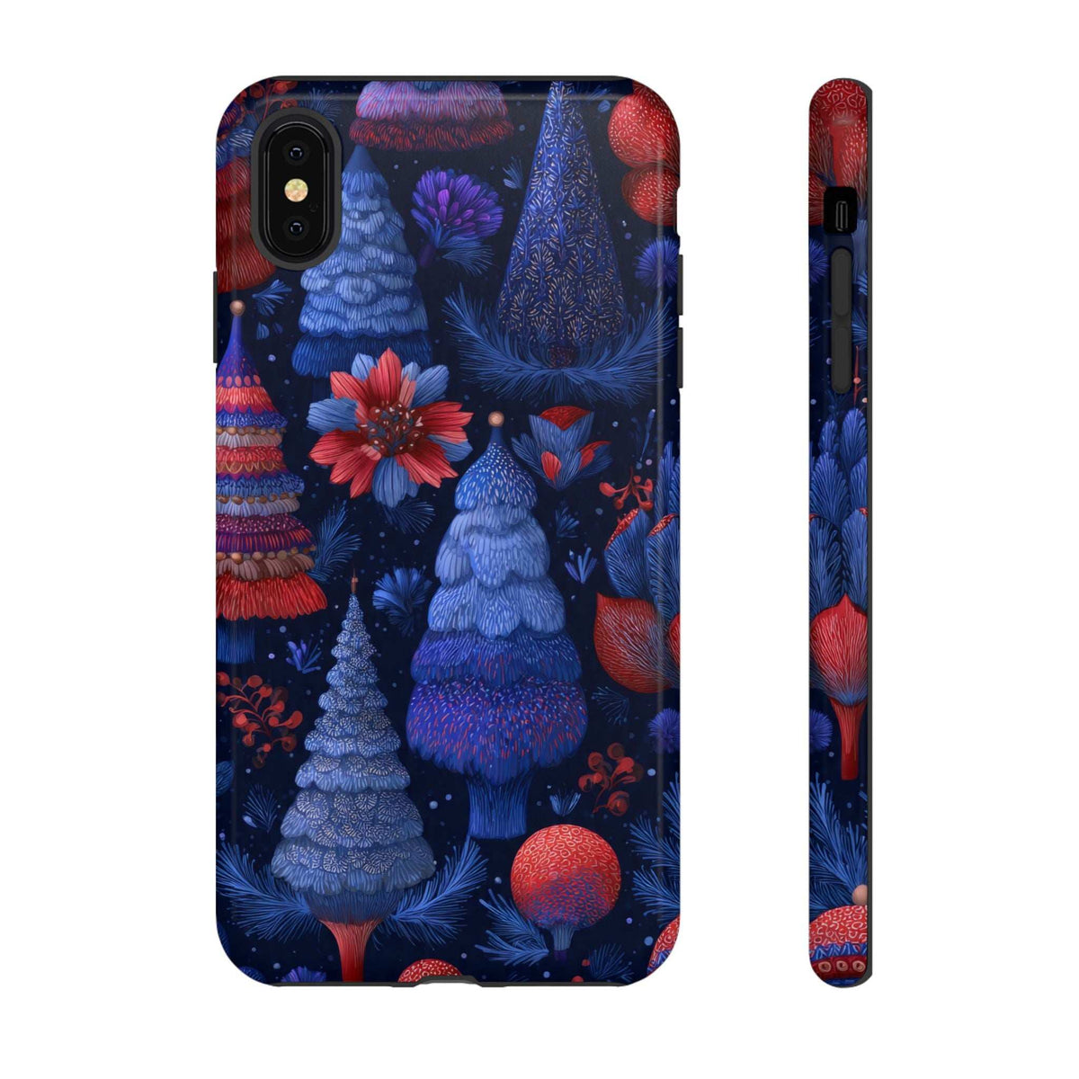 Glossy midnight blue phone case featuring Christmas trees, red ornaments, and blue foliage.